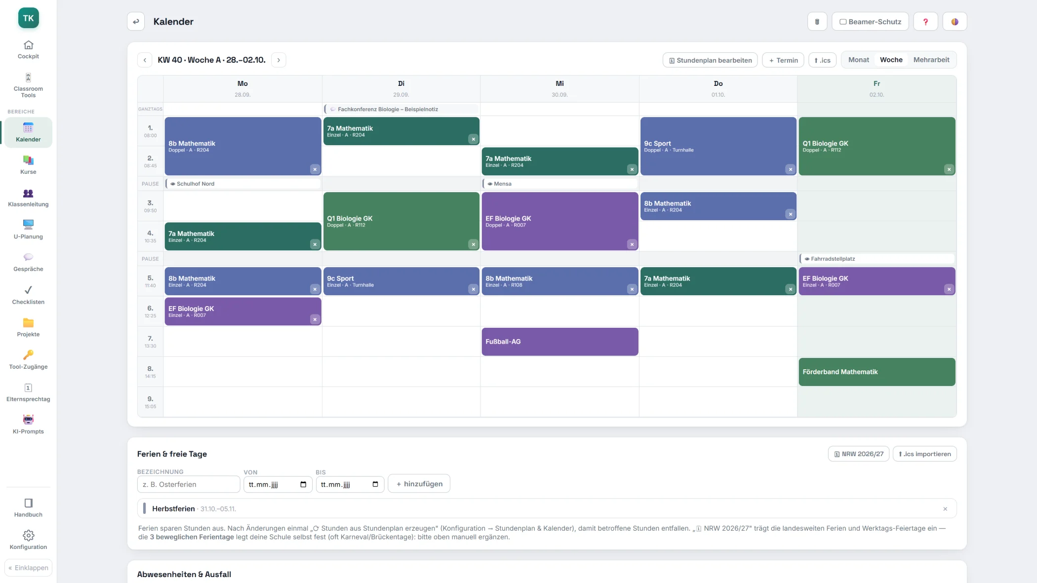 Kalenderansicht mit Wochenstundenplan, Räumen, Terminen und Ganztags-Einträgen.