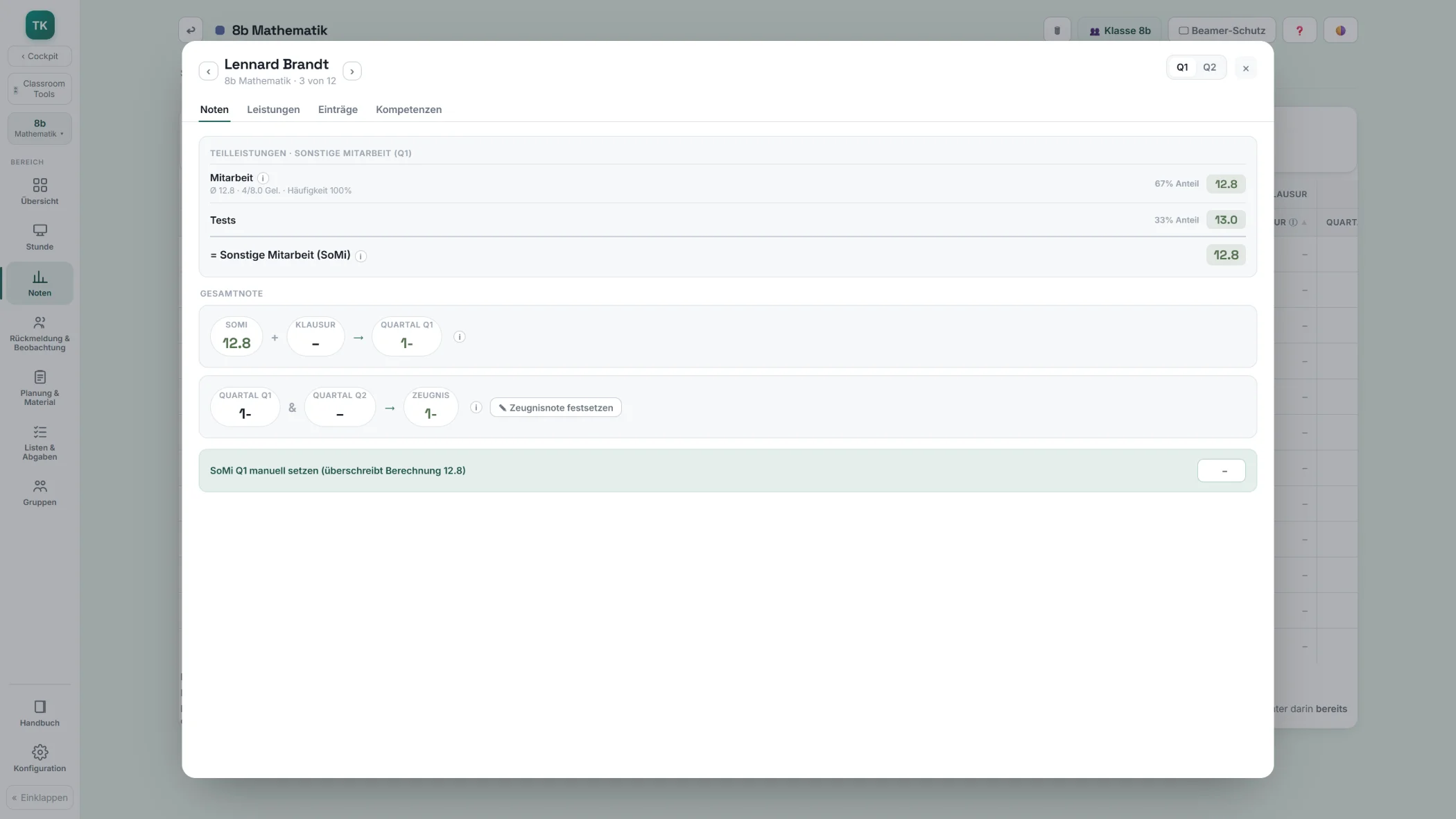 Schüler-Dashboard mit Teilleistungen, SoMi-Wert und der Kette von Quartals- zu Zeugnisnote.